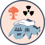 Symbole du nouveau champ d'action "Gestion de crise". Une main protectrice au-dessus de la carte de la Suisse.